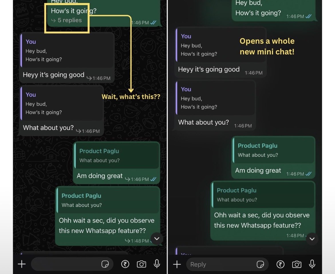 code_nocode's tweet image. Okay wait… did anyone else just notice this new WhatsApp feature? 👀
Now when you reply to a message, it shows the number of replies and tapping on it opens a whole thread view of that single text!
It’s giving serious Slack vibes but honestly, this might make group chats way…