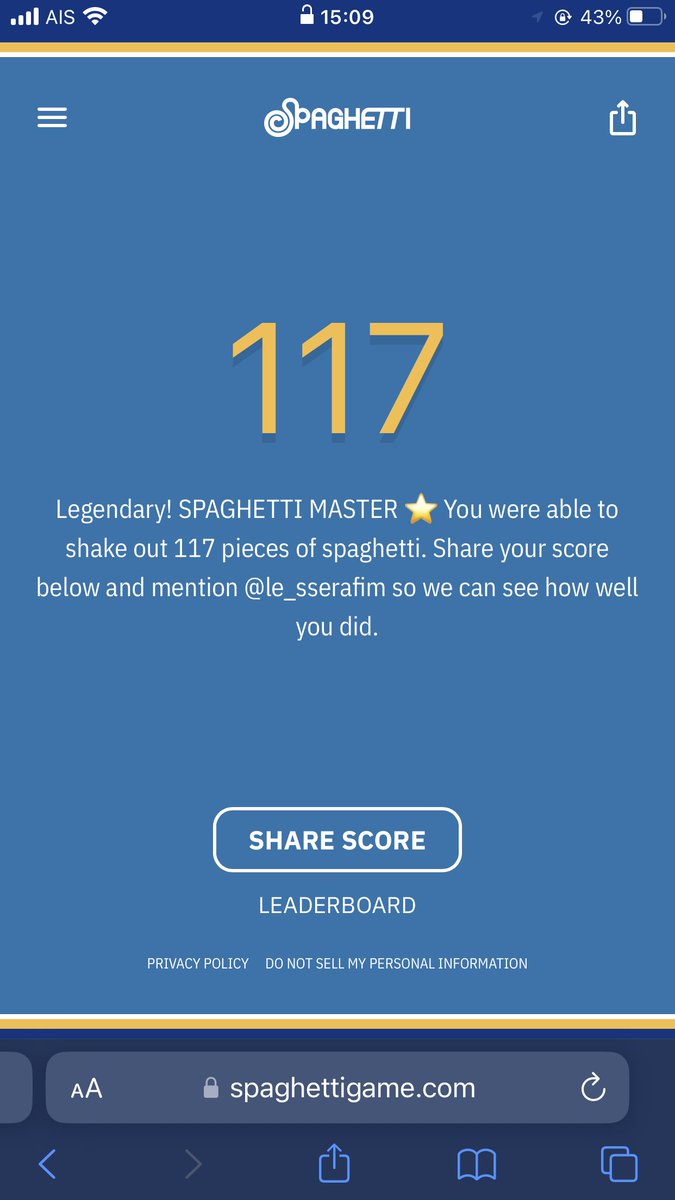 MY_Sana1229's tweet image. #spaghettigame 👑🍝 117 noodles
Legendary! SPAGHETTI MASTER 🌟
spaghettigame.com @le_sserafim
เมื่อยละ 555555