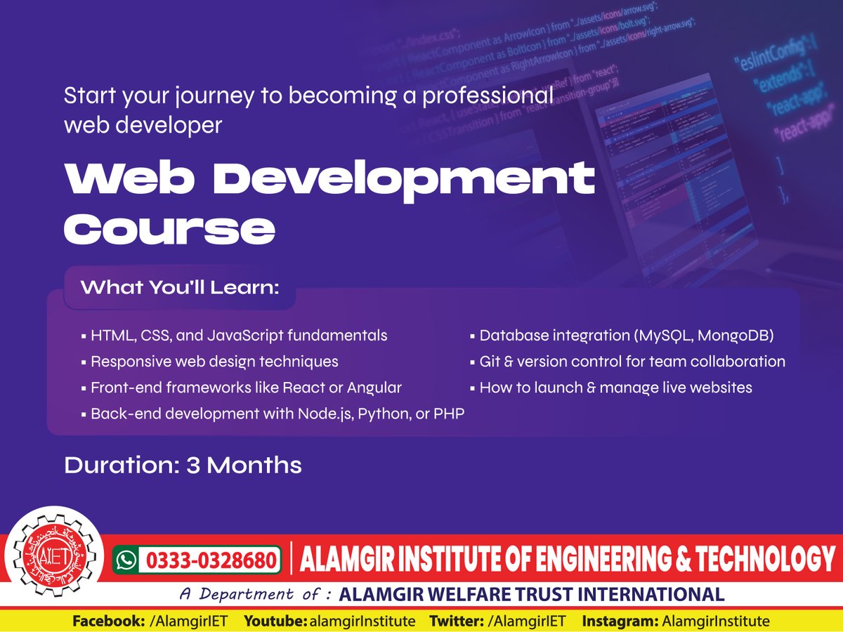 AlamgirIet's tweet image. Discover the power of web development and prepare yourself for a successful career🚀✨
Register Yourself Now 👇🏻
WhatsApp: whatsform.com/gqprvc
Google: forms.gle/3aoAj8tMbAFfj9…
#AIET #webdevelopmentcourse #learntodevelope
#ITcourses #informationtechnology #DigitalSuccess
