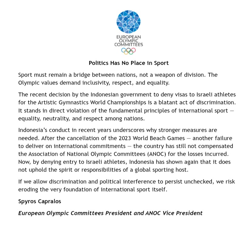 NEW: Head of the European Olympic body, the EOC, calls for "stronger measures" after Indonesia denied visas to Israeli gymnasts, stopping them from competing in the world championships.

So far, the IOC has only said it'll "discuss" the issue at its next executive board meeting.