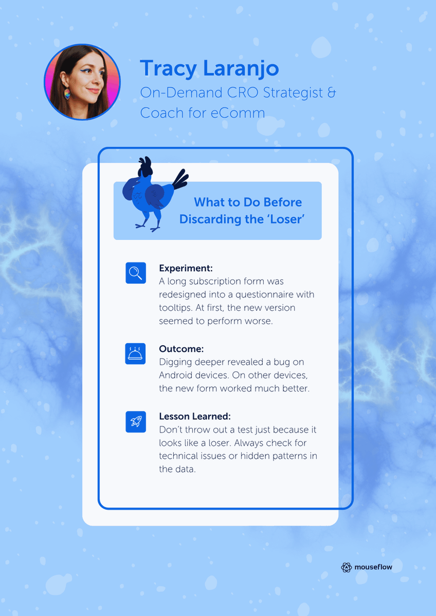 mouseflow's tweet image. Bad data walks into the room wearing confidence.
Good CROs don’t fall for it.
Tracy Laranjo 🍊 didn’t.
And she turned a “failure” into a win.
Check out more stories 👇
mouseflow.com/guides/cro-jou…