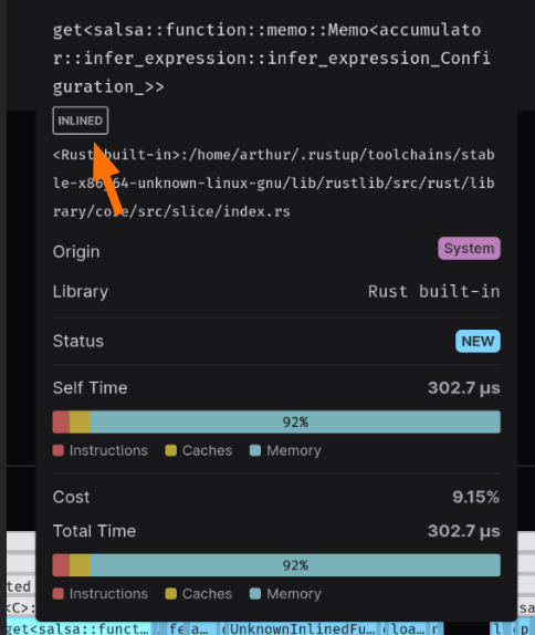 Art049's tweet image. Weekend project coming to @codspeedhq soon!
Inlined function calls display in the UI, a long awaited feature to track which functions are getting inlined by the compiler