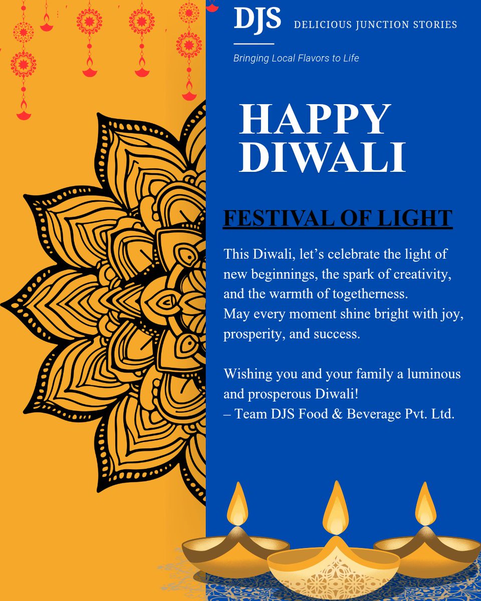 DjsFood's tweet photo. ✨ Happy Diwali from DJS ✨
This Diwali, let’s celebrate the light of new beginnings, the spark of creativity, and the warmth of togetherness.
May every moment shine bright with joy, prosperity, and success.
Wishing you and your family a luminous and prosperous Diwali!
DJS Food https://t.co/NdVXezoT8p