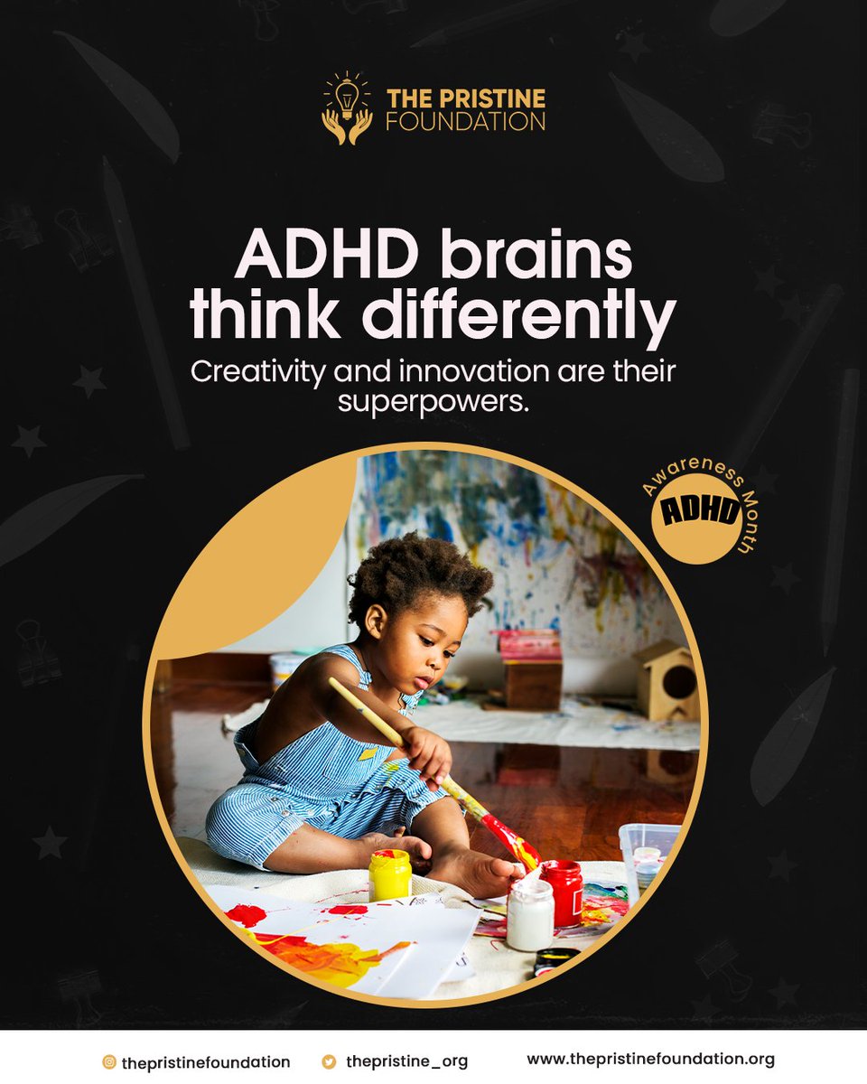 The Pristine Foundation (@thepristine_org) on Twitter photo ADHD brains don’t lack potential, they just operate differently. 
Let’s celebrate the brilliance that comes from thinking differently. 
#ADHDAwareness #Neurodiversity #ADHDCreativity #DifferentNotLess #ThePristineFoundation #ADHDSuperpowers #AwarenessMonth #MentalHealthMatters ADHD brains don’t lack potential, they just operate differently. 
Let’s celebrate the brilliance that comes from thinking differently. 
#ADHDAwareness #Neurodiversity #ADHDCreativity #DifferentNotLess #ThePristineFoundation #ADHDSuperpowers #AwarenessMonth #MentalHealthMatters