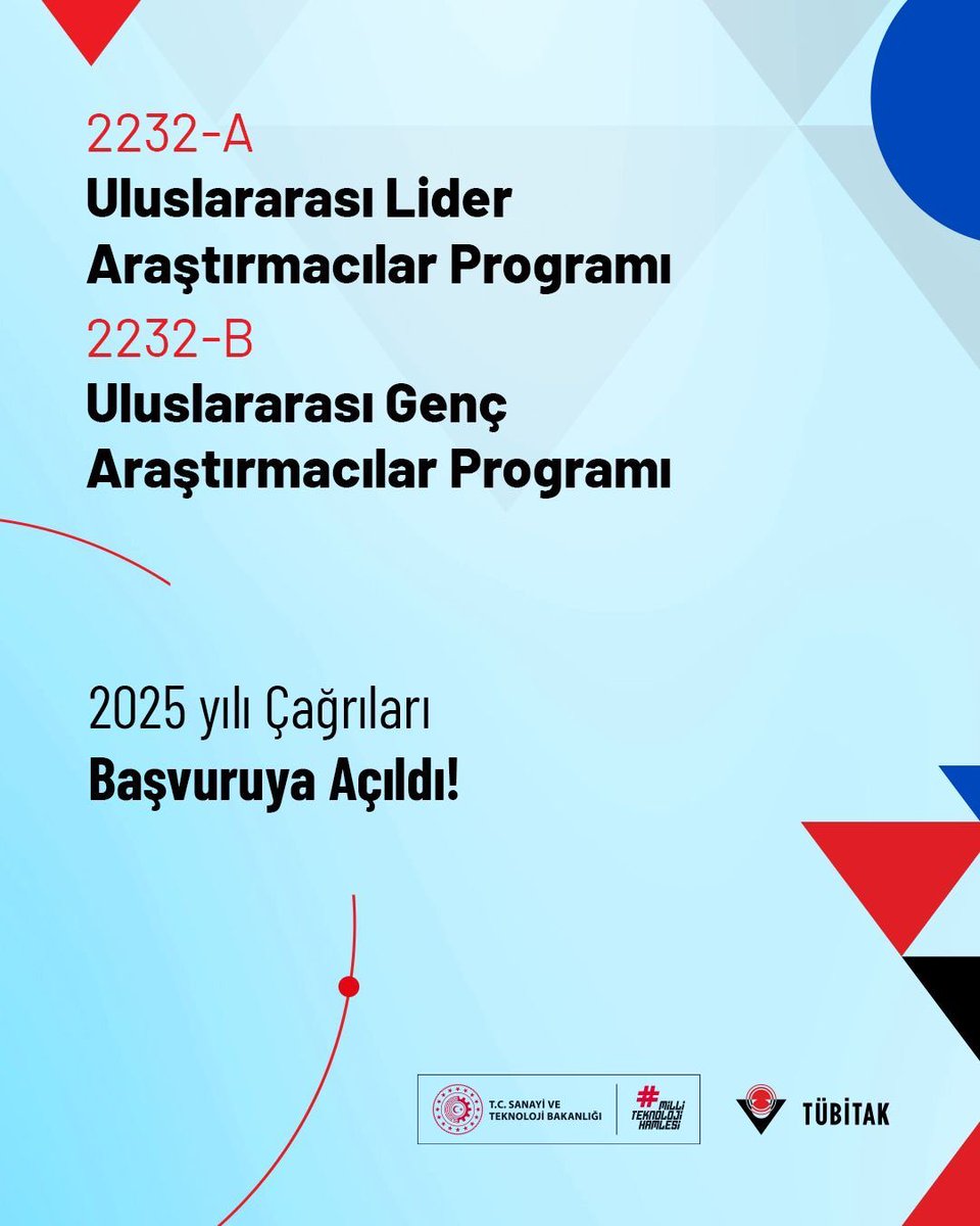 TÜBİTAK 2232-A Uluslararası Lider Araştırmacılar Programı ve 2232-B Uluslararası Genç Araştırmacılar Programı 2025 Yılı Çağrıları başvuruya açıldı. 

Son başvuru tarihi: 24 Kasım 2025

Ayrıntılı bilgi için:
tubitak.gov.tr/tr/burslar/ulu…