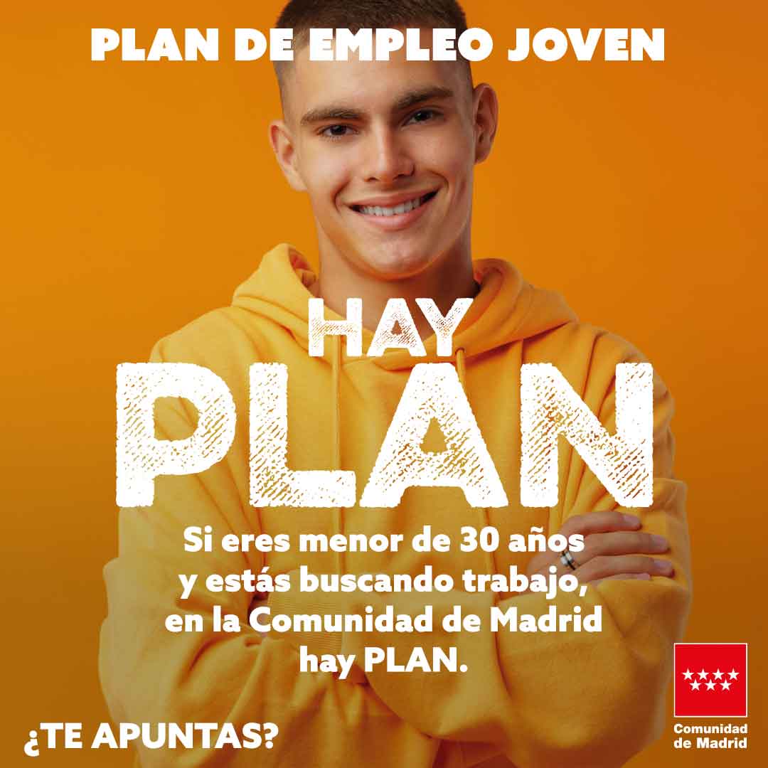 👉 ¡Tu futuro tiene PLAN!

💼 Si eres menor de 30 años y buscas empleo o formación, la <a href="/ComunidadMadrid/">Comunidad de Madrid</a> te ofrece un gran plan.✨

c.madrid/EmpleoJoven