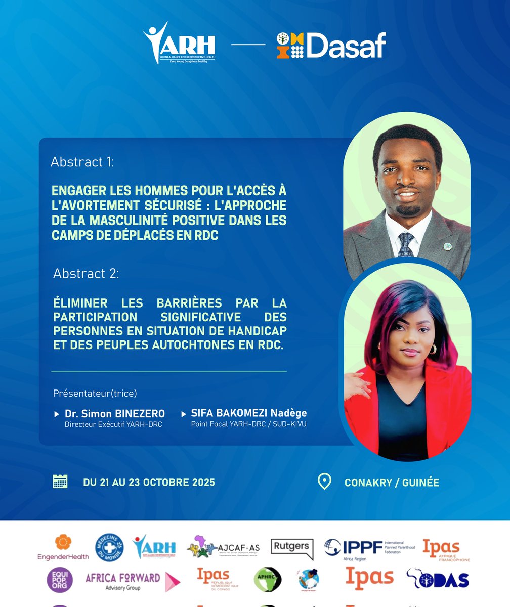 yarhdrc's tweet image. 🎉 Nous serons au #DASAF2025, espace d’engagement pour les DSSR en Afrique francophone !

📍Passez à notre #Stand et assistez aux présentations de nos abstracts sur l’avortement sécurisé en contexte humanitaire.

🤝Unissons nos voix pour des choix reproductifs libres et éclairés.