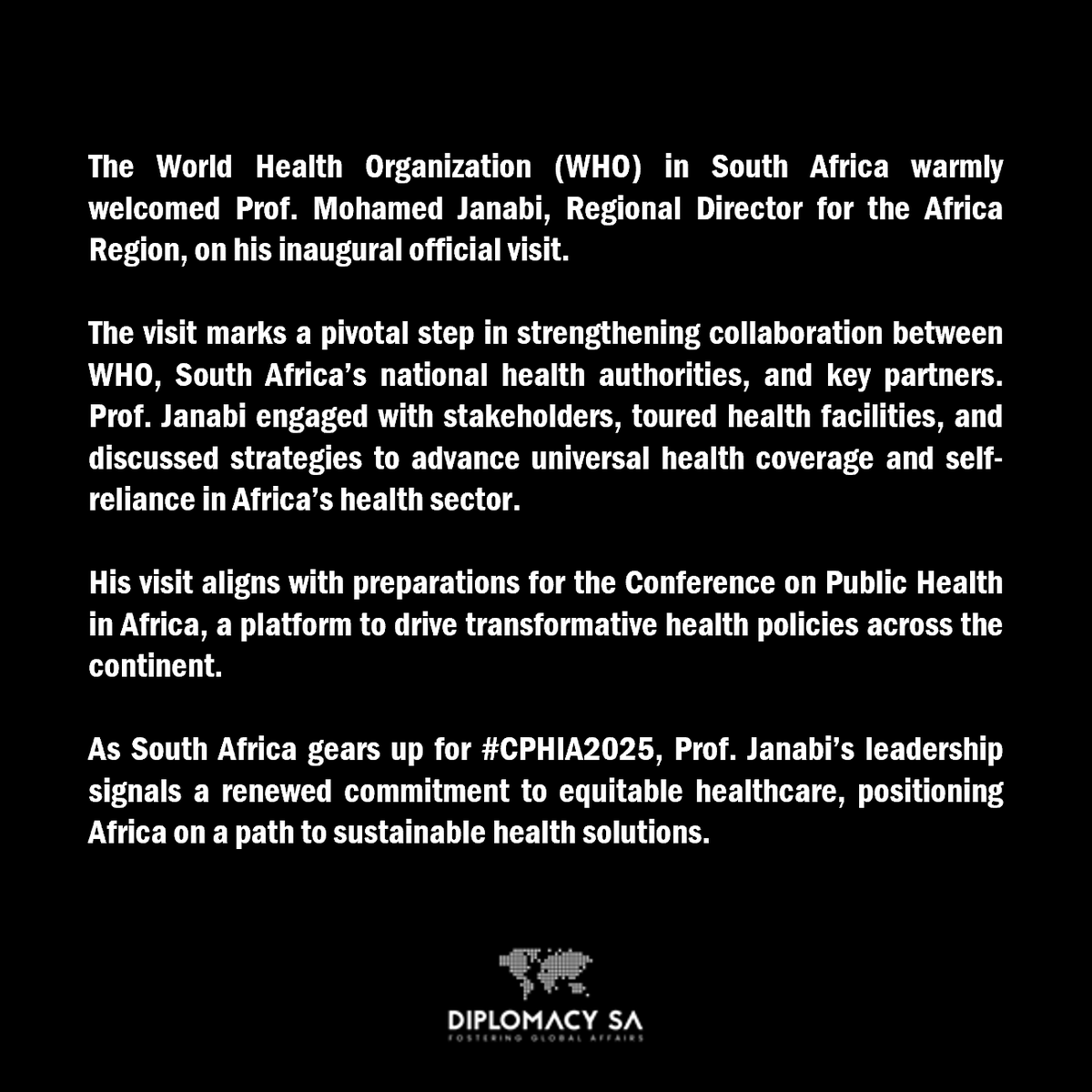 diplomacy_sa's tweet photo. Welcoming Prof. Mohamed Janabi to South Africa! His visit strengthens WHO’s partnership with national health leaders & sets the stage for #CPHIA2025, driving Africa’s journey to universal health coverage. 
📷WHO in South Africa @WHOSouthAfrica @UNinSouthAfrica 
#HealthForAll #WHOAfrica