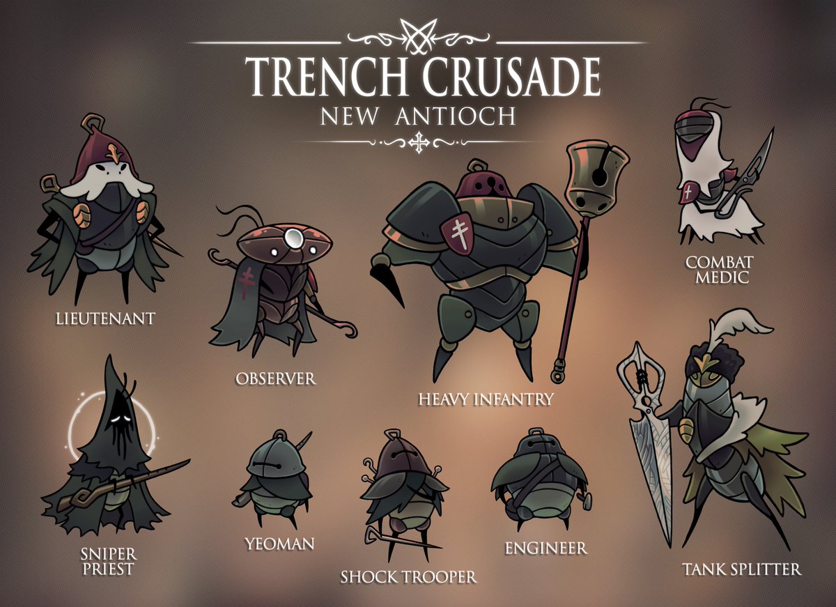 NEW ANTIOCH
Fortified city-state of the Faithful, risen from the ashes of old Antioch. 

Soldiers and zealots from across Christendom rally beneath its banners, making their final stand against the heretical forces of Hell

#hollowknight #silksong #trenchcrusade #grimdark