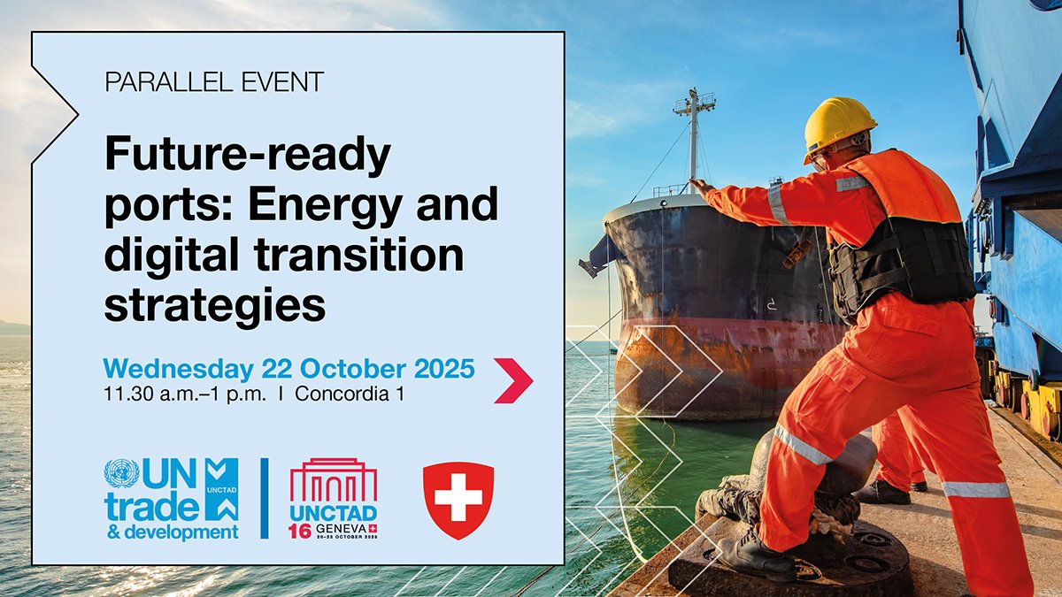 TrainForTrade@UNCTAD (@trainfortrade) on Twitter photo ๐ข #UNCTAD16 kicks off this week in Geneva!
โ Join <a href="/UNCTAD/">UN Trade and Development</a> <a href="/TrainForTrade/">TrainForTrade@UNCTAD</a> on 22 Oct (11:30โ13:00) for "Future-ready ports: Digital & energy transition strategies"
๐ bit.ly/4njLDEv
#Ports #Sustainability #DigitalTransformation #Decarbonization #GlobalSouth #SDGs ๐ข #UNCTAD16 kicks off this week in Geneva!
โ Join <a href="/UNCTAD/">UN Trade and Development</a> <a href="/TrainForTrade/">TrainForTrade@UNCTAD</a> on 22 Oct (11:30โ13:00) for "Future-ready ports: Digital & energy transition strategies"
๐ bit.ly/4njLDEv
#Ports #Sustainability #DigitalTransformation #Decarbonization #GlobalSouth #SDGs