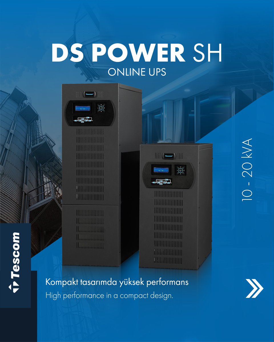 TESCOM_UPS's tweet image. DS Power SH Online UPS, 10-20 kVA aralığında yüksek performans sunar. Kompakt tasarımıyla yerden tasarruf sağlarken, gelişmiş DSP teknolojisi ve 3-Level topoloji ile verimlilik, güvenilirlik ve işlevselliği üst seviyeye taşır. 

#Tescom #DSPowerSH #OnlineUPS #KesintisizGüç