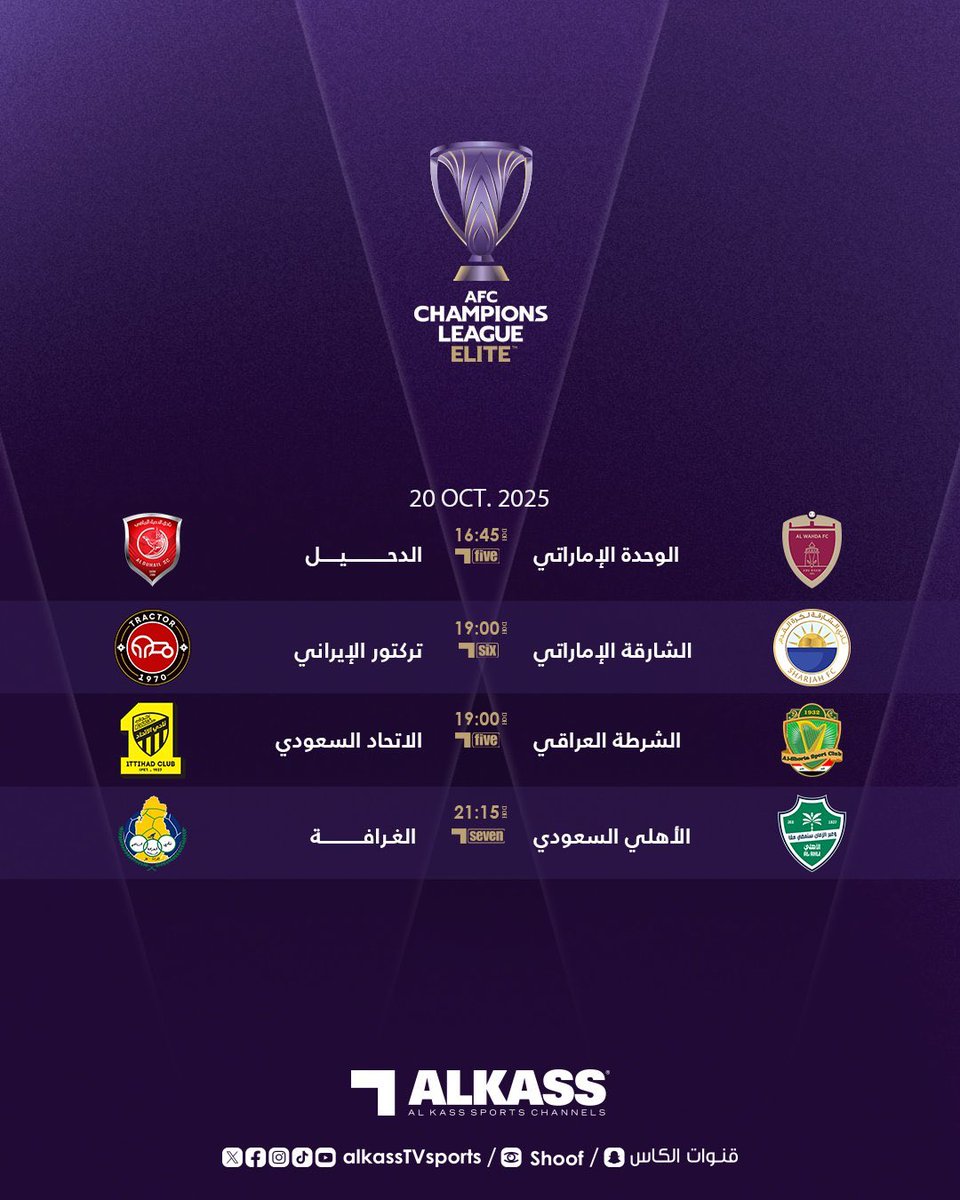 🚨 اليوم في دوري أبطال اسيا للنخبة : 

4:45م 
الوحدة الإماراتي 
الدحيل القطري

7:00م
الشرطة العراقي 
الإتحاد

7:00م
الشارقة الإماراتي
تراكتور الإيراني 

9:15م
الأهلي
الغرافة القطري

#الاتحاد_الشرطة #الاهلي_الغرافة
#الهلال_السد #النصر_غوا_الهندي