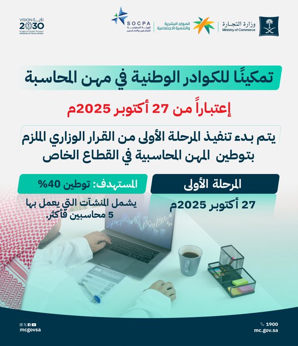 Infographic with Saudi flags and logos at top including Ministry of Commerce emblem. Central text in Arabic announces policy implementation for accounting localization starting October 27 2025 with 40 percent target. Bottom section shows office desk with person using laptop charts graphs coffee cup sticky notes and phone number 1900.