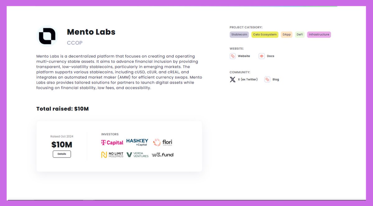 Early Alpha on <a href="/MentoLabs/">Mento (fx/acc)</a> 

Raised: $10M
Backed by: HashKey Capital (Lead) &amp; others

Mento is building FX infrastructure to bring world currencies onchain through a multi currency stablecoin platform.

They’ve confirmed an airdrop, so it’s safe to contribute and participate for
