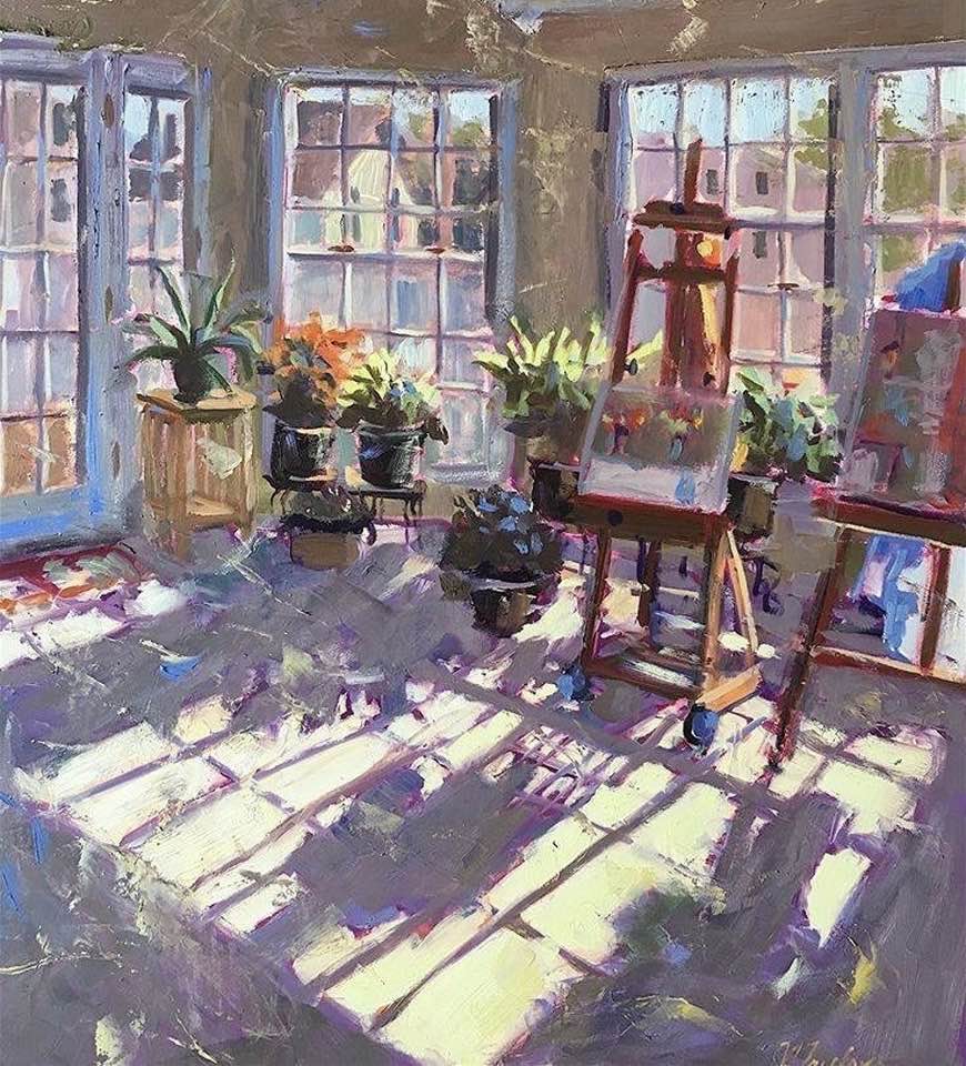 fraveris's tweet image. The image shows the painting "Sunbathed" by artist Jennifer Stottle Taylor. The work depicts an art studio interior with several plants and an easel, bathed in sunlight streaming through the windows.