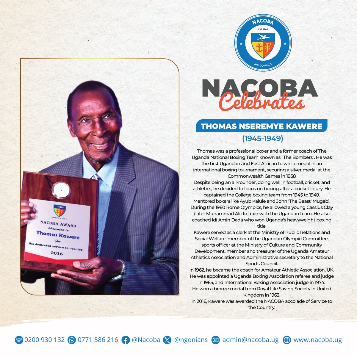<a href="/ngonians/">NACOBA</a> today we celebrate our own Mr. Thomas Nseremye Kawere. Sir we salute you and the incredible work that you have done for the country, for the communities around you and in the sports industry as well. 🥳🎉🫡
#nisidominus