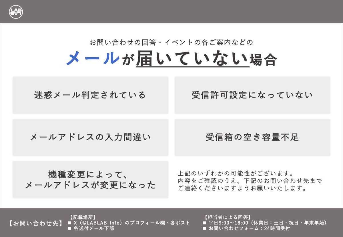 LABLAB_info's tweet image. 【お問い合わせへの回答状況】
〜10月24日(金)17時までに頂きましたお問い合わせに、「📩回答メール」をお送りしました。
※回答メールが届いていない場合は、画像の内容をご確認のうえ、お問い合わせ先までご連絡をお願いします。
▼お問い合わせ先
forms.gle/XYPWe7RTQpJVaK…