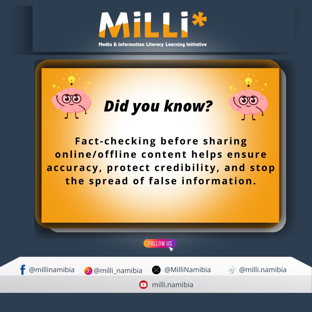MilliNamibia's tweet image. What you post has power; use it wisely #MiLLi #FactCheckFirst #MediaLiteracy #ResponsibleSharing 🕵🏾‍♀️📱✅🧠