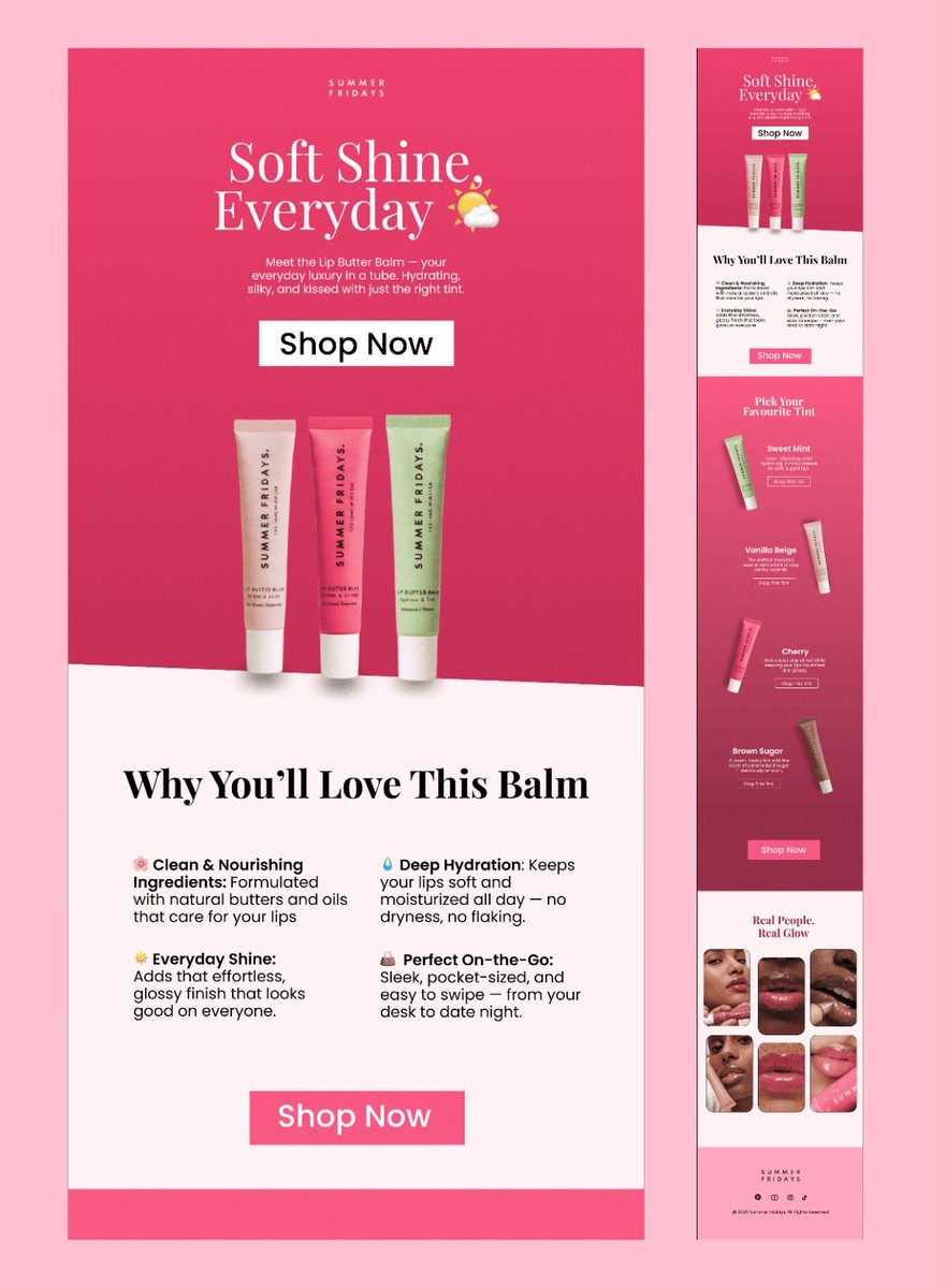 Khayrahdesigns's tweet image. Happy new week ❤️
Day 12 of my Email Design Mastery Challenge
I’ve been off for a few days (school no get light 😭), but we move.
Designed this for @summerfridays their Lip Butter Balm.
Clean, feminine, and soft. 💄
