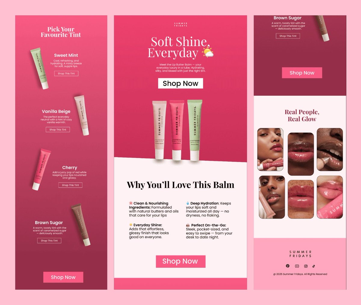 Khayrahdesigns's tweet image. Happy new week ❤️
Day 12 of my Email Design Mastery Challenge
I’ve been off for a few days (school no get light 😭), but we move.
Designed this for @summerfridays their Lip Butter Balm.
Clean, feminine, and soft. 💄