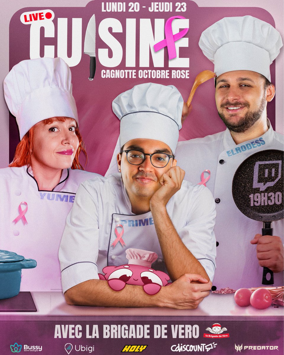 On récolte des sous pour octobre rose ! 
Suivez nos aventures culinaires tout en discutant 

🧑‍🍳Lundi 20 à 19h30 <a href="/Prime_0P/">Captain Prime</a> X <a href="/Yume__Wo__Miru/">Yume 夢</a> 
👩‍🍳Jeudi 23 à 19h30 <a href="/elrodess/">IJC ElRodess</a> X <a href="/Yume__Wo__Miru/">Yume 夢</a>