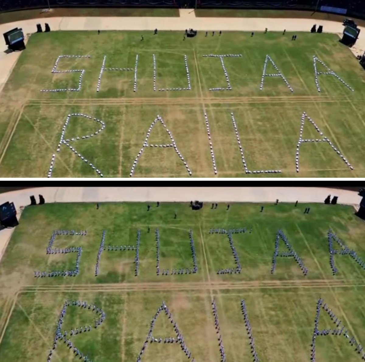 Children form a human formation ‘Shujaa Raila’ in tribute for Raila Odinga at Ithookwe Stadium