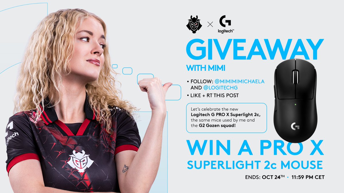 mimimimichaela's tweet image. Let’s celebrate the new Logitech G PRO X Superlight 2c, the same mouse used by me and the G2 Gozen squad! 🔥
To win it:
Follow @mimimimichaela and @LogitechG
Like + RT this post
Giveaway ends Nov 24, 2025, 11:59 PM CET