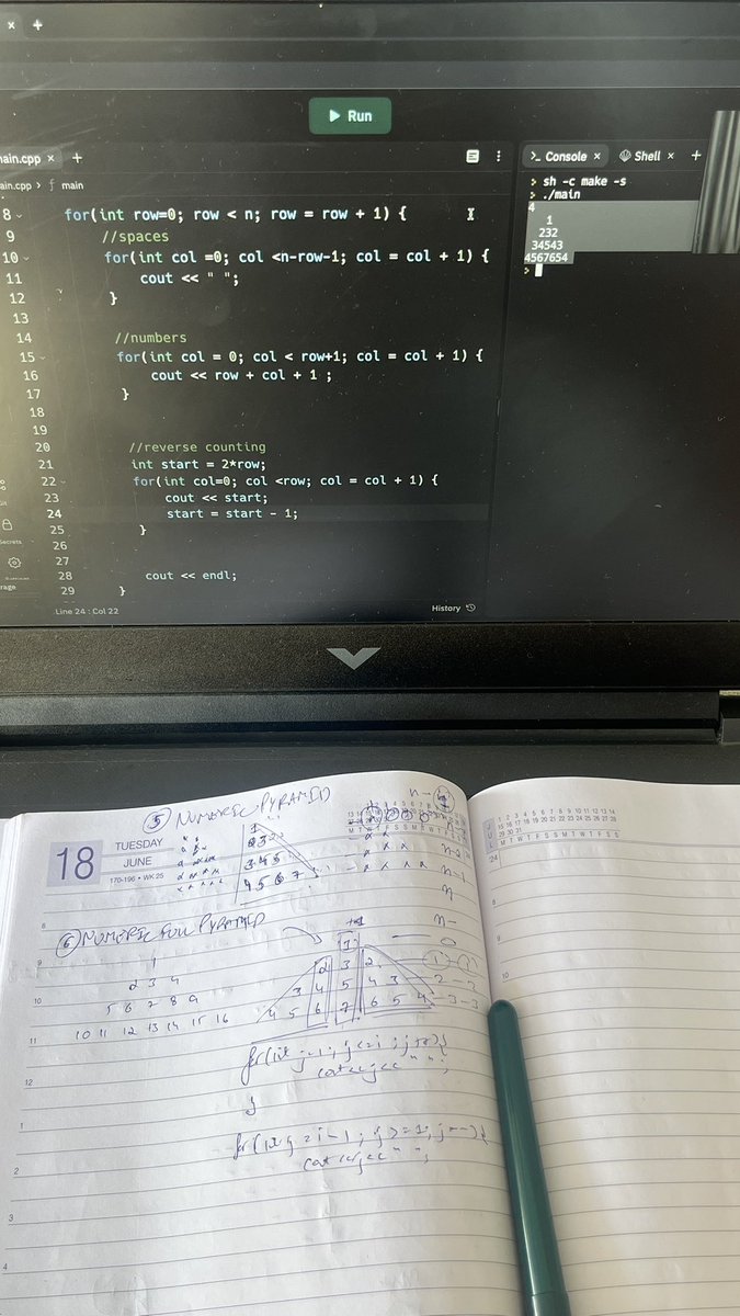 harshtwt_'s tweet image. Day 01 of my DSA journey at Tier 3 college! 🚀 
Today’s focus: 
-Mastering numeric and star patterns. 
-Laying the foundation for logical thinking and problem-solving one pattern at a time! 💻✨ 
#DSA #CodingJourney #100DaysOfCod