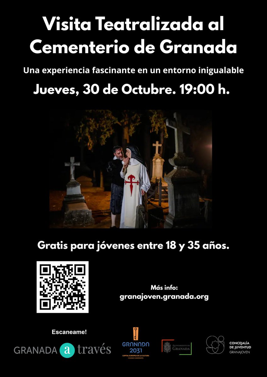 Visita Teatralizada NOCTURNA al Cementerio de GRANADA 
📅 Jueves 30 de octubre   🕖 19:00 h

¿Preparadx para vivir una noche única entre historia, leyendas y misterio? 👻
Solo 36 plazas, RESERVA LA TUYA código QR | Jóvenes de 18 a 35 años
<a href="/aytogr/">Ayuntamiento de Granada</a> <a href="/2031Granada/">2031 Granada</a> <a href="/GranadaAtraves/">Cementerio Granada</a>