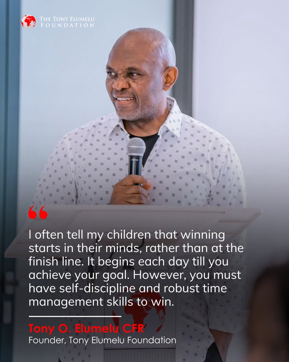 The Tony Elumelu Foundation (@tonyelumelufdn) on Twitter photo Every successful entrepreneur knows that success begins long before the finish line — it starts with the right mindset, discipline, and focus.
As you begin this new week, remember these words from our Founder, Tony O. Elumelu, CFR (<a href="/TonyOElumelu/">Tony O. Elumelu, CFR</a>): 
“I often tell my children Every successful entrepreneur knows that success begins long before the finish line — it starts with the right mindset, discipline, and focus.
As you begin this new week, remember these words from our Founder, Tony O. Elumelu, CFR (<a href="/TonyOElumelu/">Tony O. Elumelu, CFR</a>): 
“I often tell my children