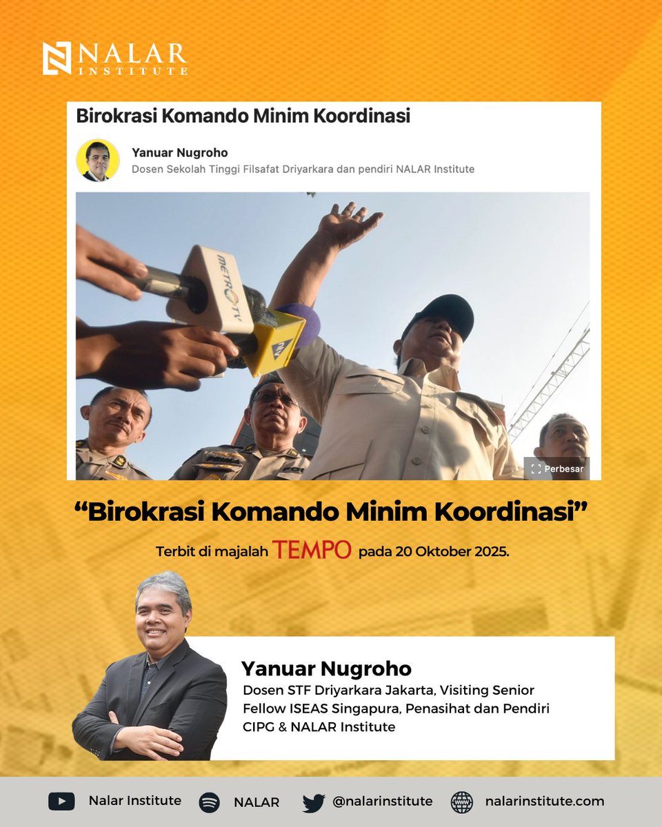 Birokrasi komando dan minim koordinasi menjadi ringkasan tepat satu tahun pemerintahan Prabowo hari ini. Baca selengkapnya di Majalah Tempo edisi 20 Oktober 2025 atau kunjungi tautan berikut tempo.co/politik/birokr….