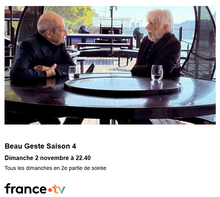 Brigitte Baronnet (@bbaronnet) on Twitter photo Beau Geste sera bientôt de retour pour une saison 4. Lancement dimanche 2 novembre, avec toujours une diffusion en 2ème partie de soirée, sur France 2.
Au sommaire de ce premier épisode, Pierre Richard et Isabelle Huppert, entre autres.
<a href="/pierrelescure/">Pierre Lescure</a> <a href="/francetvcinema/">france.tv cinéma</a> Beau Geste sera bientôt de retour pour une saison 4. Lancement dimanche 2 novembre, avec toujours une diffusion en 2ème partie de soirée, sur France 2.
Au sommaire de ce premier épisode, Pierre Richard et Isabelle Huppert, entre autres.
<a href="/pierrelescure/">Pierre Lescure</a> <a href="/francetvcinema/">france.tv cinéma</a>