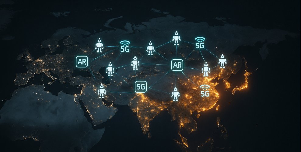 Global network illustration of robotics, 5G, and AR focused on Asia