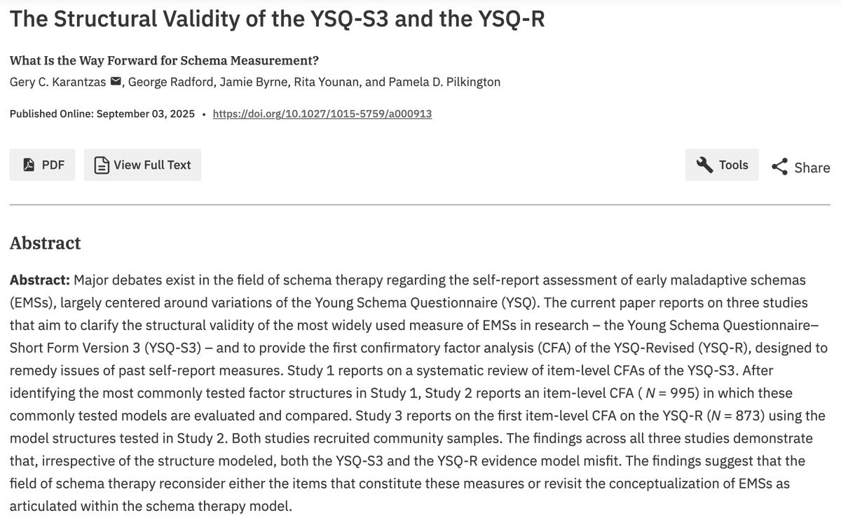 Check out this study examining the structural validity of the Young Schema Questionnaires (YSQ-S3 and YSQ-R), widely used self-report measures for assessing early maladaptive schemas
econtent.hogrefe.com/doi/10.1027/10…
