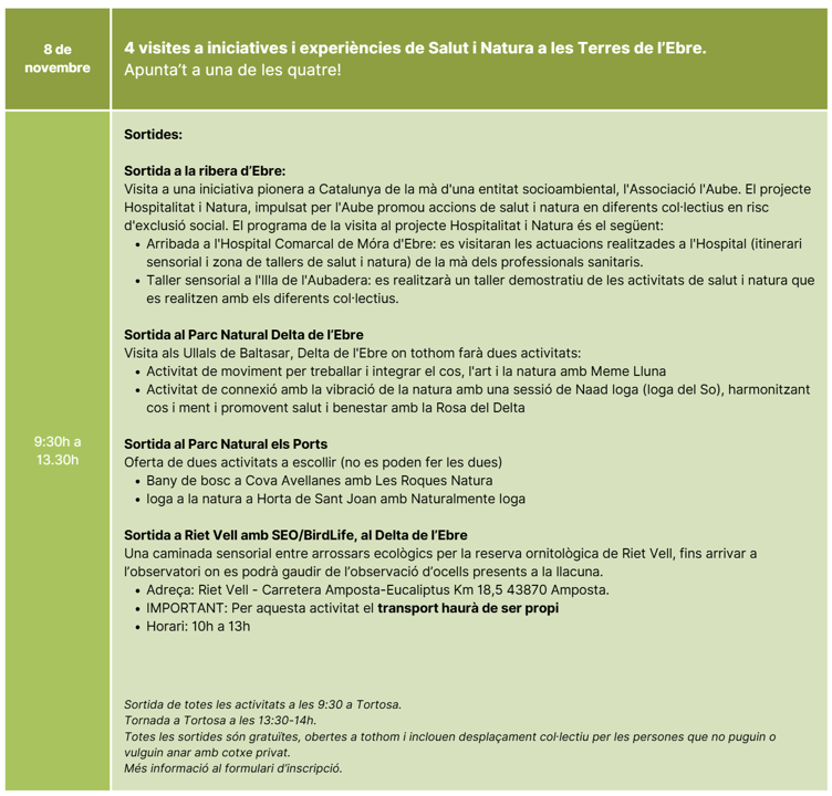 Des del <a href="/campuspatrimoni/">Campus Patrimoni UdG</a> us convidem a participar en la 3a Jornada de la Taula de Salut i Natura Catalana
🗓️7 i 8 de novembre
📍Campus Terres de l’Ebre URV - Tortosa 
🖊️Inscripcions: tuit.cat/61jt9
ℹ️ Més informació: tuit.cat/ljBjk