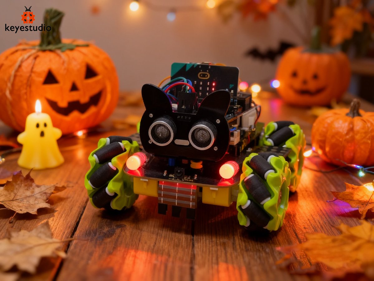KeyestudioRobot's tweet image. 🔓Unlock #keyestudio 🐞
🎃 Ready to roll into Halloween night!
Our micro:bit 4WD Mecanum Robot Car is showing off its spooky smart moves! 🚗💡Programmed with micro:bit, it lights up, turns, and drives in every direction — like a real trick-or-treat robot! 🍬👾
Let your robot join…