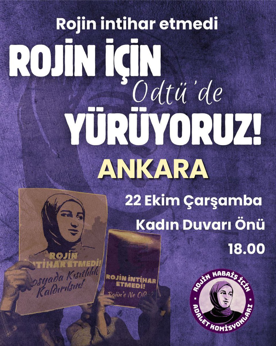 ODTÜ |

22 Ekim saat 18.00'de Kadın Duvarı önünde buluşuyor, Rojin için yürüyoruz. 

Bulunduğumuz her alandan Rojin'in intihar etmediğini, bunun bir kadın cinayeti olduğunu haykırıyoruz. 

Rojin için, katledilen bütün kadınlar için gerçek adalet istiyoruz. 

#RojinİçinAdalet