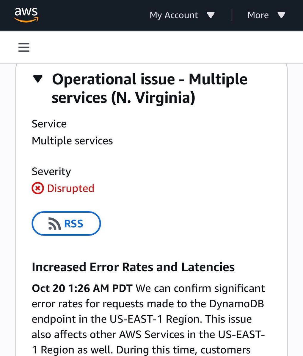 AWS US-EAST-1 is down. A major AWS outage has taken down several popular services worldwide, including Signal, Fortnite, Alexa, Snapchat and many more. The specific cause of the service outage is currently unclear, according to AWS and they are working on fix.