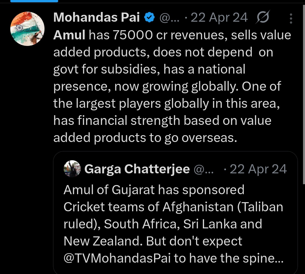 Sangharsh (@sangharsh___) on Twitter photo Konkani <a href="/TVMohandasPai/">Mohandas Pai</a> opposes Nandini sponsor to Scotland & Netherlands.
But supports AMUL sponsoring Afghanistan, New Zealand & others. Konkani <a href="/TVMohandasPai/">Mohandas Pai</a> opposes Nandini sponsor to Scotland & Netherlands.
But supports AMUL sponsoring Afghanistan, New Zealand & others.