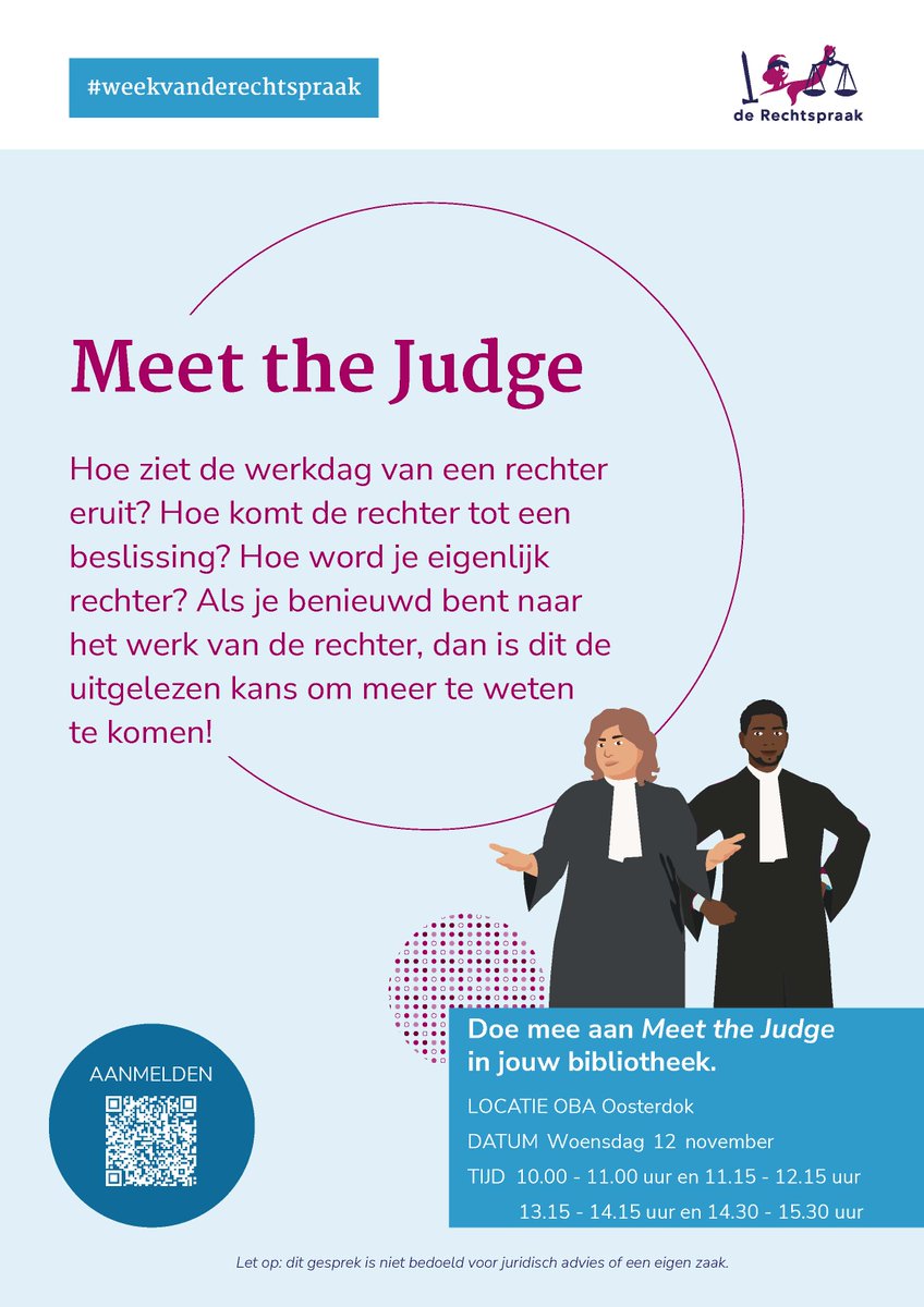 Benieuwd naar het werk van de rechter? Kom dan naar Meet the Judge op woensdag 12 november bij   <a href="/OBAmsterdam/">OBA</a> Oosterdok en stel je vraag! #weekvanderechtspraak
rechtspraak.nl/Organisatie-en…