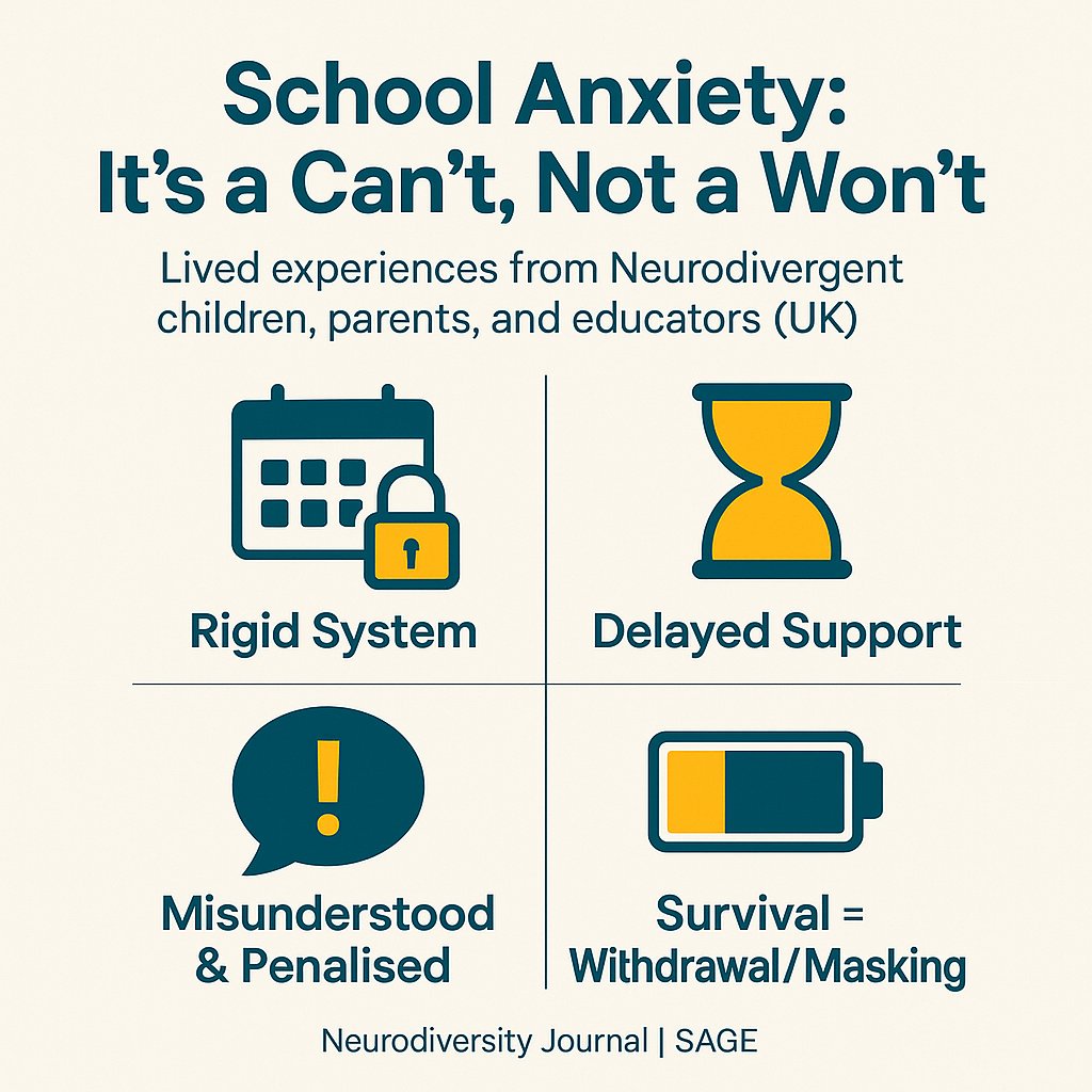 ND_Journal's tweet image. ‘I Can’t Go to School, It Isn’t a Won’t’: Lived Experiences of Neurodivergent Children's School Anxiety Within the UK's Systemic Crisis - Emmie Fisher, Keren MacLennan, Sinéad Mullally, Jacqui Rodgers, Effy Tzemou, 2025 journals.sagepub.com/doi/10.1177/27…