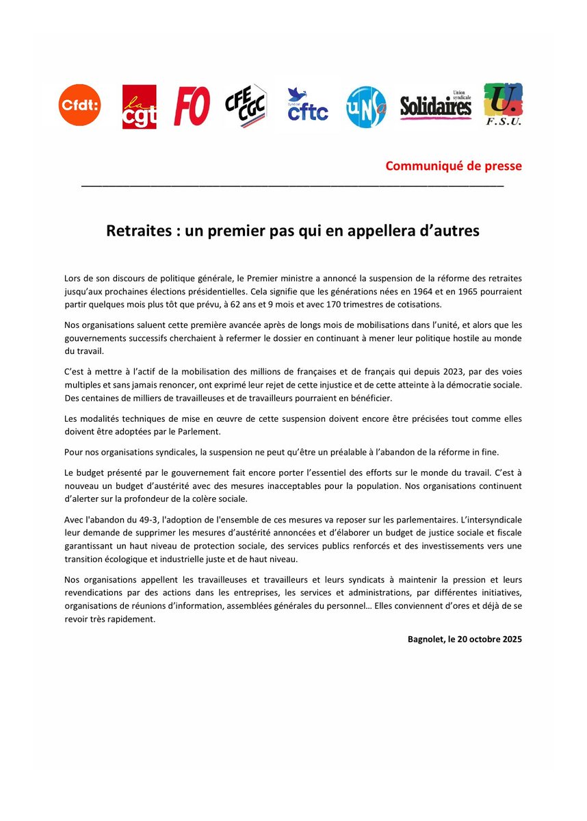 CFECGC's tweet image. Le gouvernement suspend la réforme des retraites jusqu’à 2027, mais face à l’austérité persistante et à l’injustice sociale, l'intersyndicale appelle à renforcer la mobilisation.