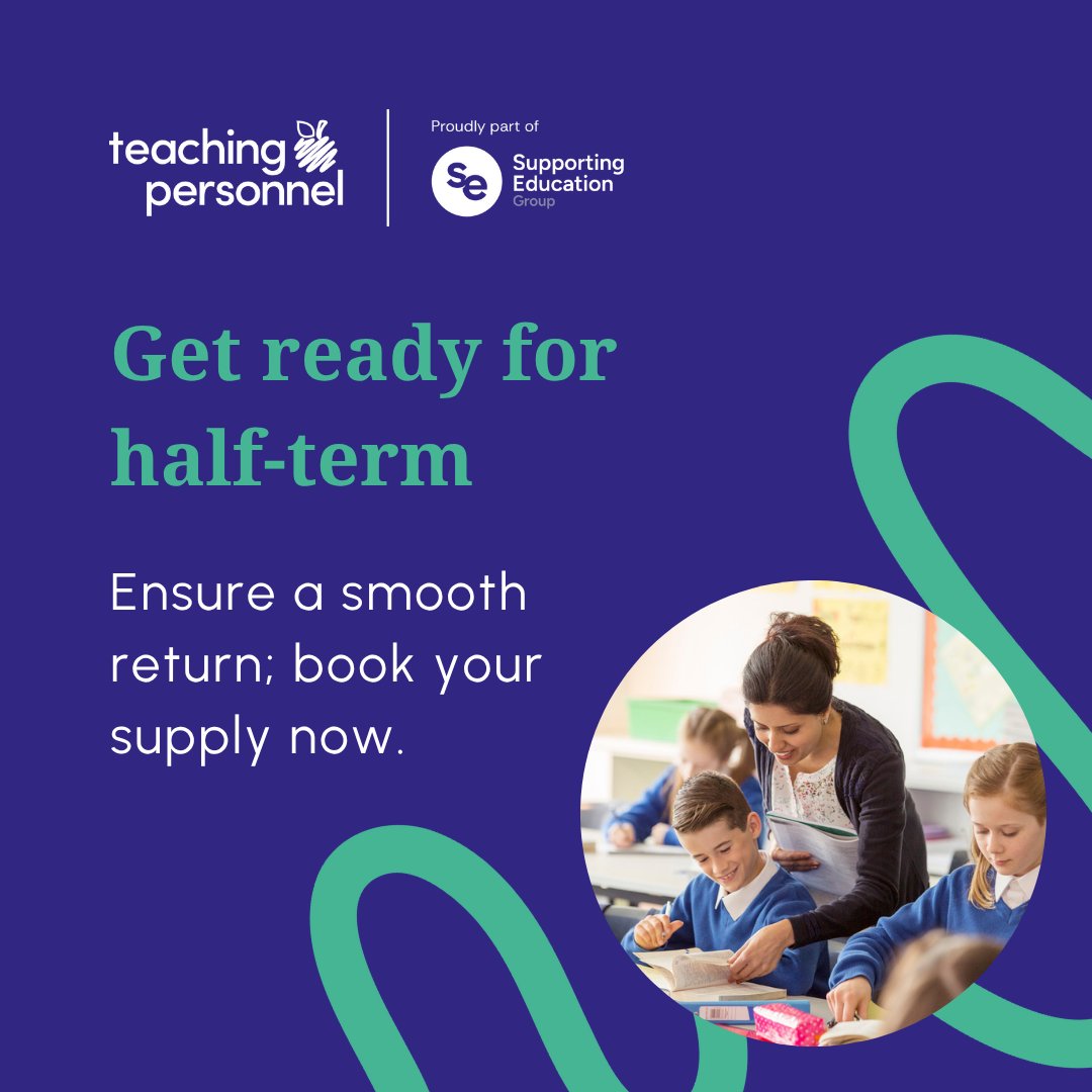 Half-term is nearly here! 
Make sure you’re ready for the return - plan your supply cover now to get ahead.

✅ Daily &amp; long-term cover
✅ Teaching &amp; support staff

Speak to your local branch today and start the second half of term fully staffed ➡️eu1.hubs.ly/H0nFHv50