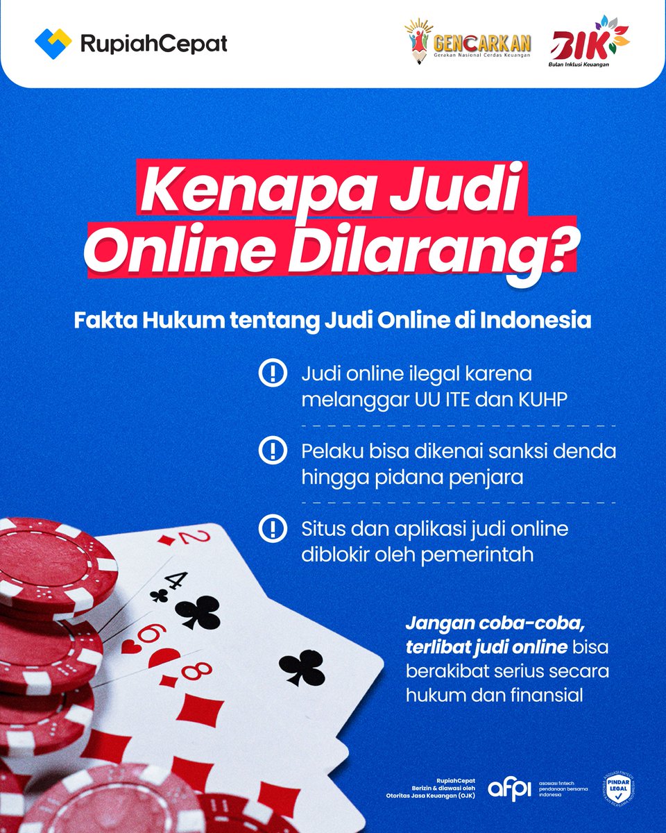 Judi online bukan cuma dilarang, tapi juga berisiko besar! Jadi, jangan coba-coba terlibat judi online ya!
Selain merugikan secara finansial, juga bisa berurusan dengan hukum ⚠️