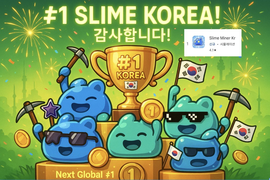 Slime_Miner's tweet image. 💬 Slime Miner Korea hits #1 in Simulation Games !
Our slimes are unstoppable — thanks to all Slimer diggers for the love and support! 💚⛏
🌍 Next stop? Global #1 — bigger reward explosion awaits 💥

Dig deeper, Slimer! SLIME NEVER STOPS DIGGING! ⛏

💬 Leave a Congratulations…