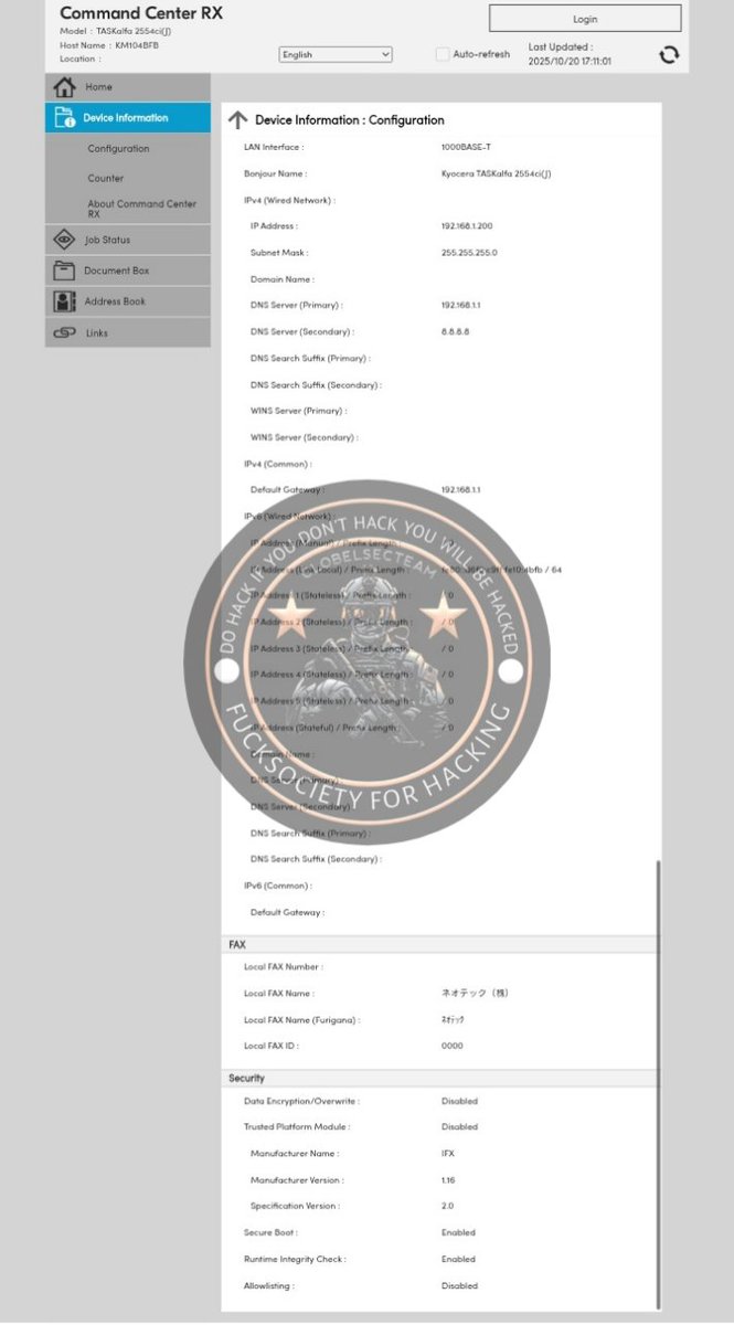copserverlow's tweet image. We successfully accessed a device Model TASKudio 2554x(1) with Hostname UNIO-6BTB Type All-in -One Printer/Scanner/Fax device

Check It t.me/c/3076919011/1…

#FuckEastwood #TimeOfRetribution #WeWillBeBack #HackForHumanity
#CLOBELSECTEAM #OpJapan #HeziRash #CyberAttack