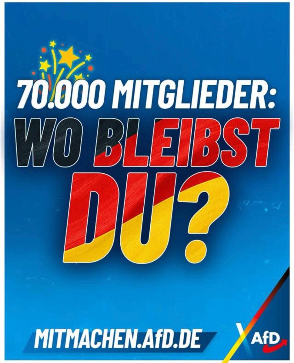 afd_essen's tweet photo. Wir haben es geschafft, über 70.000 Mitglieder!
70.000 Menschen, die sich für Einigkeit, Recht und Freiheit einsetzen.
70.000 Stimmen, die an ein starkes, freies und geeintes Deutschland glauben. 

Von Flensburg bis Garmisch, von Aachen bis Görlitz, überall in unserem Land stehen Menschen auf, die sagen:
👉 Wir lieben unser Land. Wir übernehmen Verantwortung. Wir gestalten Zukunft.

Dieser Erfolg zeigt: Der Wunsch nach Zusammenhalt, Gerechtigkeit und Freiheit ist stärker denn je. 

Lasst uns weiter gemeinsam für unsere Werte einstehen, mit Mut, Herz und Überzeugung 🇩🇪