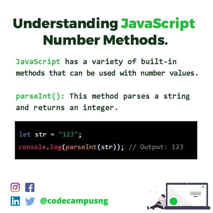 codecampusng's tweet image. Want to learn more programming concepts and tips.?
Follow @codecampusng now
Understanding the JavaScript Number Method.
Have you used them at any time?
Let us know in the comments
Begin your journey as a Developer today. Send us a message today
#programming #javascript #js #tech