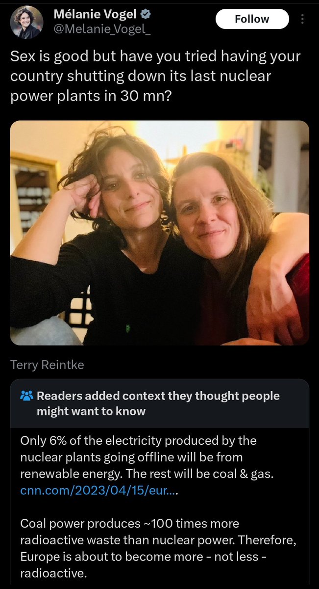 Énième cas de nucléairolâtres qui ont réussis à faire une community note fausse...
Ils transforment "6% de l'électricité d'origine nucléaire sera remplacée par des EnRs" en "seulement 6% de l'énergie nucléaire sera remplacée par des EnRs"
+
Hors sujet sur la radioactivité