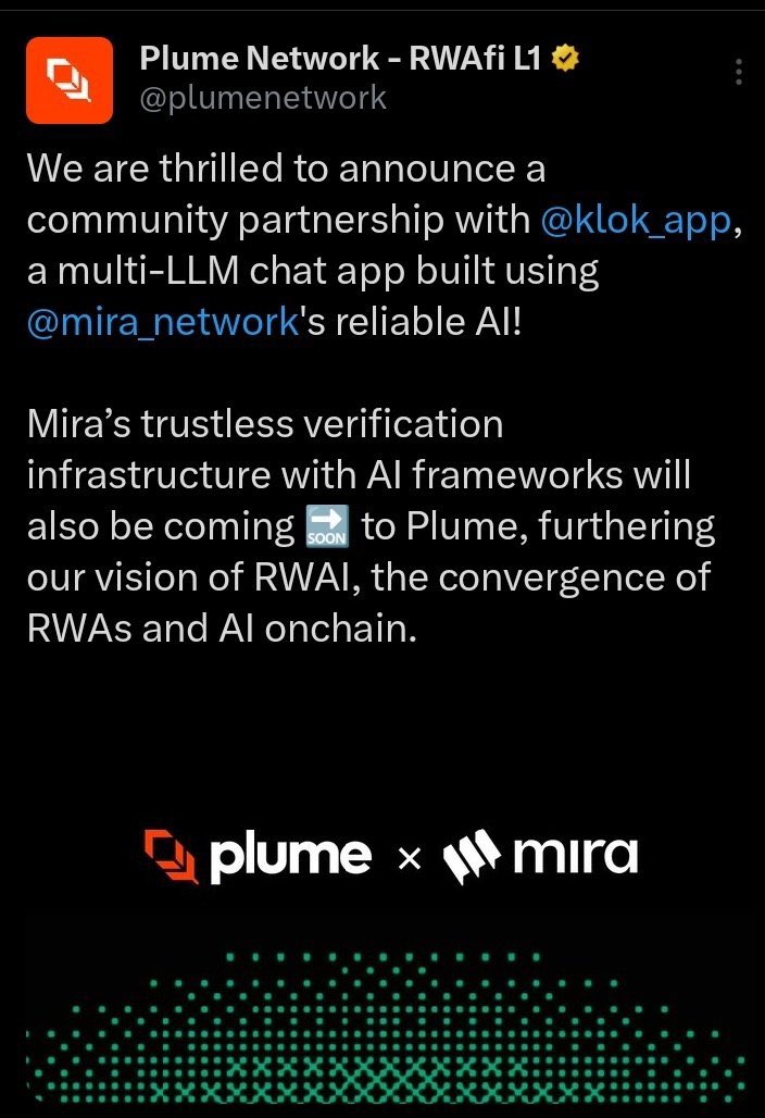Day 7 of preaching about <a href="/Mira_Network/">Mira</a> 

What we never thought about coming came when <a href="/Mira_Network/">Mira</a> partnered with <a href="/plumenetwork/">Plume - RWAfi Chain</a> ,you can now explore Mira Network’s testnet by using the AI feature,just ask <a href="/klok_app/">Klok</a> at least 10 questions a day and get more points
Gmira believers